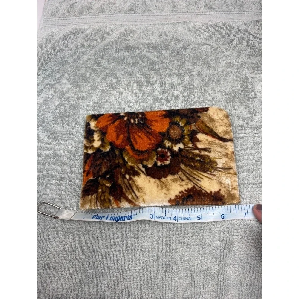 Vtg Velvet Floral‎ Clutch Bag Orange Brown Retro 70s Zipper Pouch Cosmetic Bag